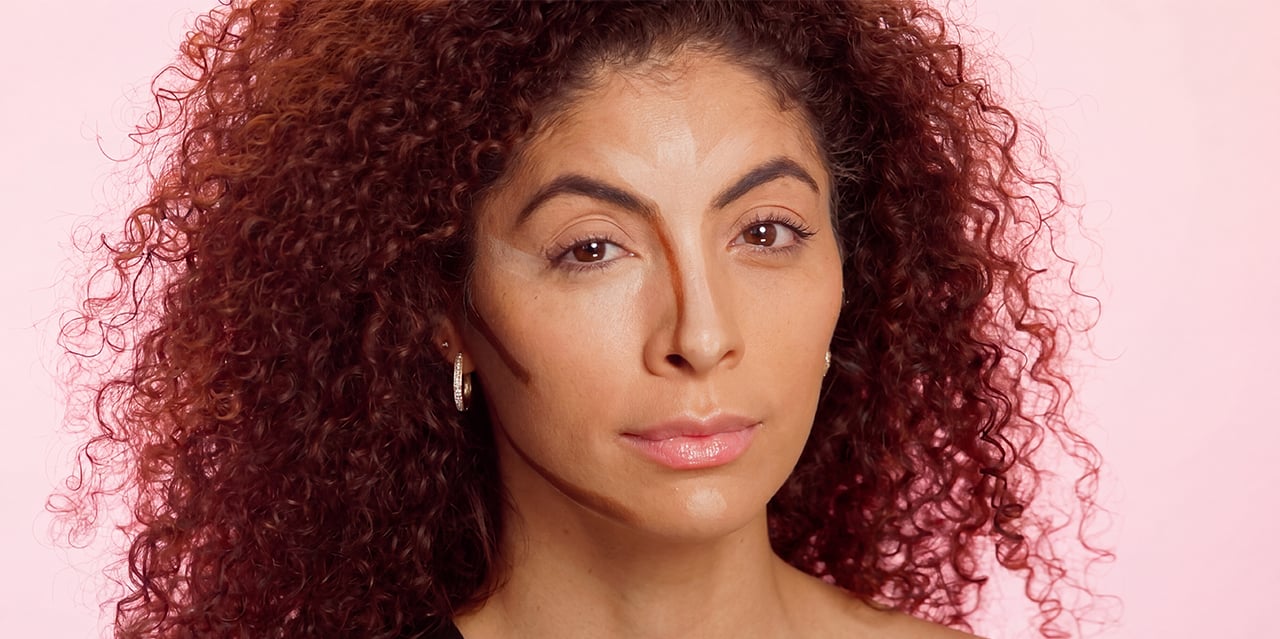 Highlighting contour placement added to high points, nose bridge, under eyes and eye corners for the bold and sculpted look